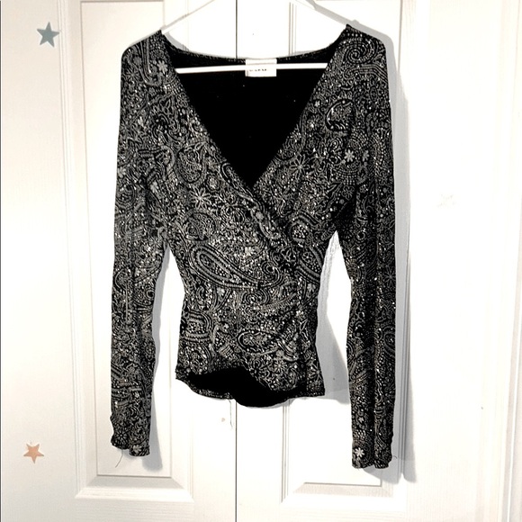 90’s Black and Silver Paisley Sparkly Wrap Top - Picture 6 of 6